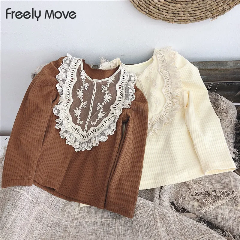 

Freely Move 2022 Summer T-shirts Lace Patchwork Slim Knitted Spring Autumn Slim Long Sleeve T Shirts Baby Girls Tops Clothing