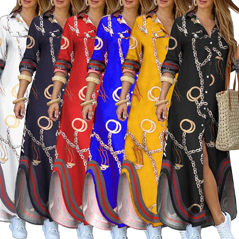 

Women Long Sleeve Shirt Dress Casual Boho Printed Dresses Fashion Summer Single Breasted Button Party Female Maxi Dress