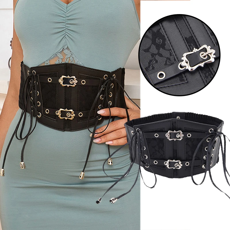 

Vintage Metal Buckle Elastic Waist Super Wide Slimming Body Belt Closure Lace-Up Bandage PU Leather Corset Waistbands Elegant