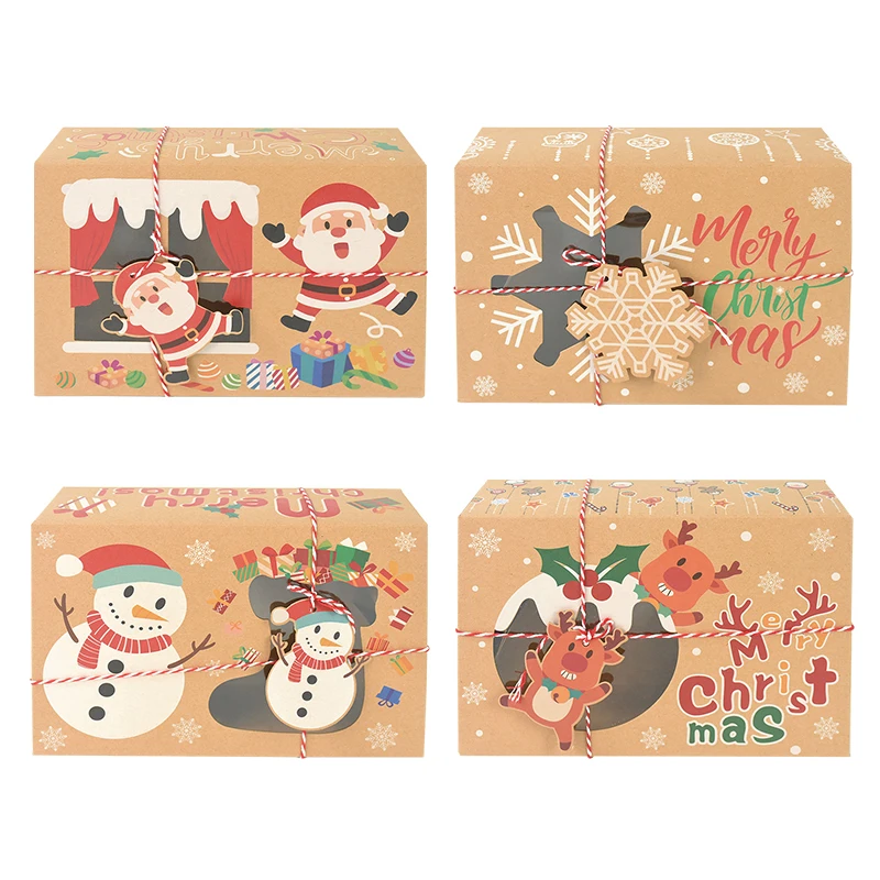 

4pcs DIY Kraft Paper Candy Box Christmas Gift Wrapping Santa Snowman Snowflake Elk Merry Christmas Printing New Year Decoration