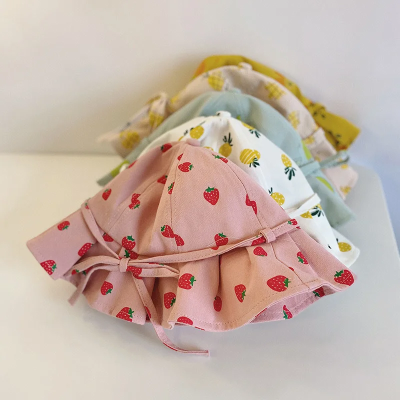 

2022 Fashion Cute Summer Kids Girl Bucket Hat Print Fruit Outdoor Belt Bowknot Cotton Sun Hat Loose Newborn Toddler Beach Caps