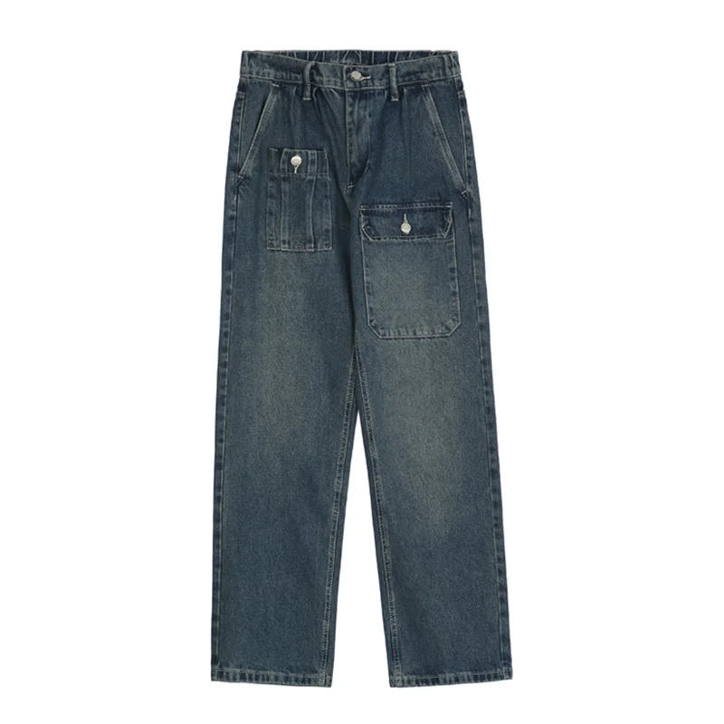 Streetwear Men Vintage Baggy Multiple Pockets Cargo Pants Versatile Temperament Straight Cylinder Jeans 2022 Winter New Female