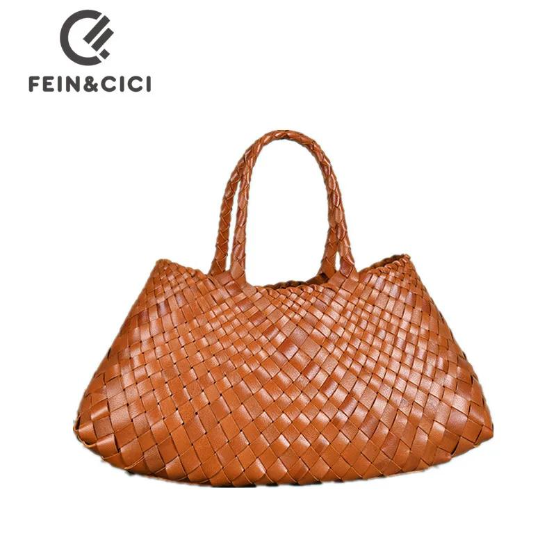 

Designer woven totes bag women genuine leather cowskin knitting shopping basket handbag female bucket bag 2022 new