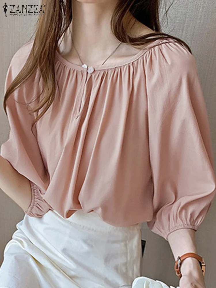 

2022 Summer Loose Chemise Women Casual Half Sleeve Blouse ZANZEA Vintage O Neck Solid Shirt Oversized Vocation Clubing Tunic Top