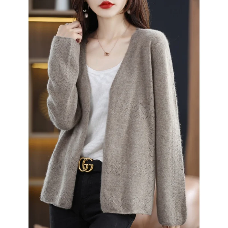 2022 Autumn / Winter New Coat Ladies V-Neck Buttonless Cardigan Casual Knitted Loose Tops Korean Fashion 100% Merino Wool Jacket