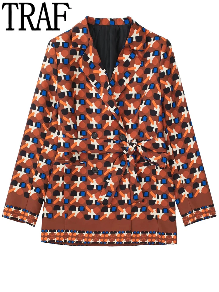 

TRAF Printed Casual Blazer Woman Office Elegant Female Blazer Set Double Breasted Vintage Jacket Women Belt Long Sleeve Jacket
