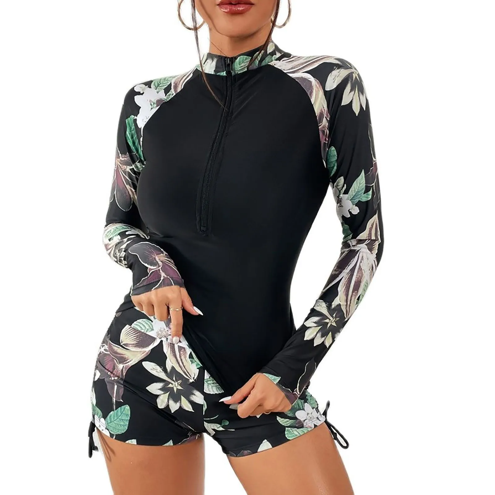 

Women's One-Piece Athletic Racerback Swimsuit Slimming Bathing Suit Deep V Zipper Closure Floral купальники женские 수영복 여자
