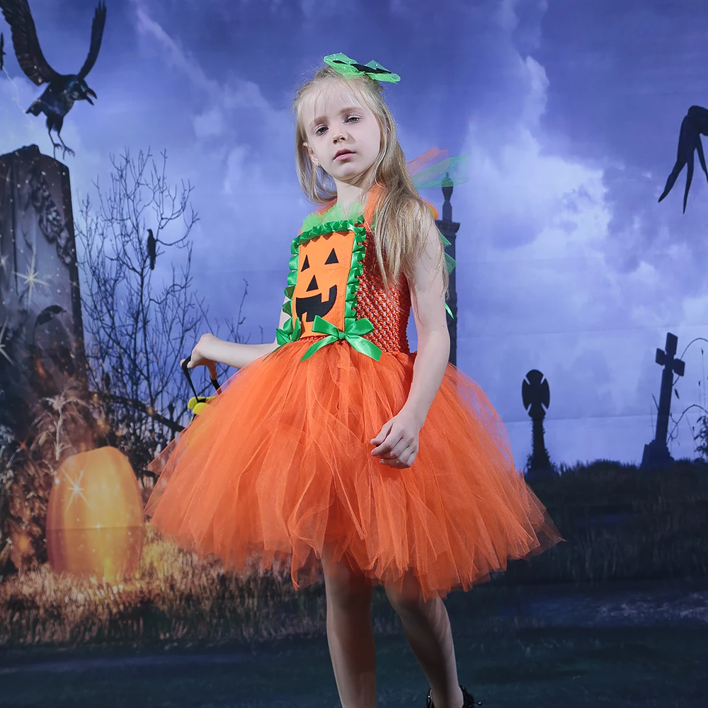 

Scary Pumpkin Monster Girls Halloween Dress Up Tutu Dress Kids Clothes for Carnival Party Dresses Orange Dress with Ruffles