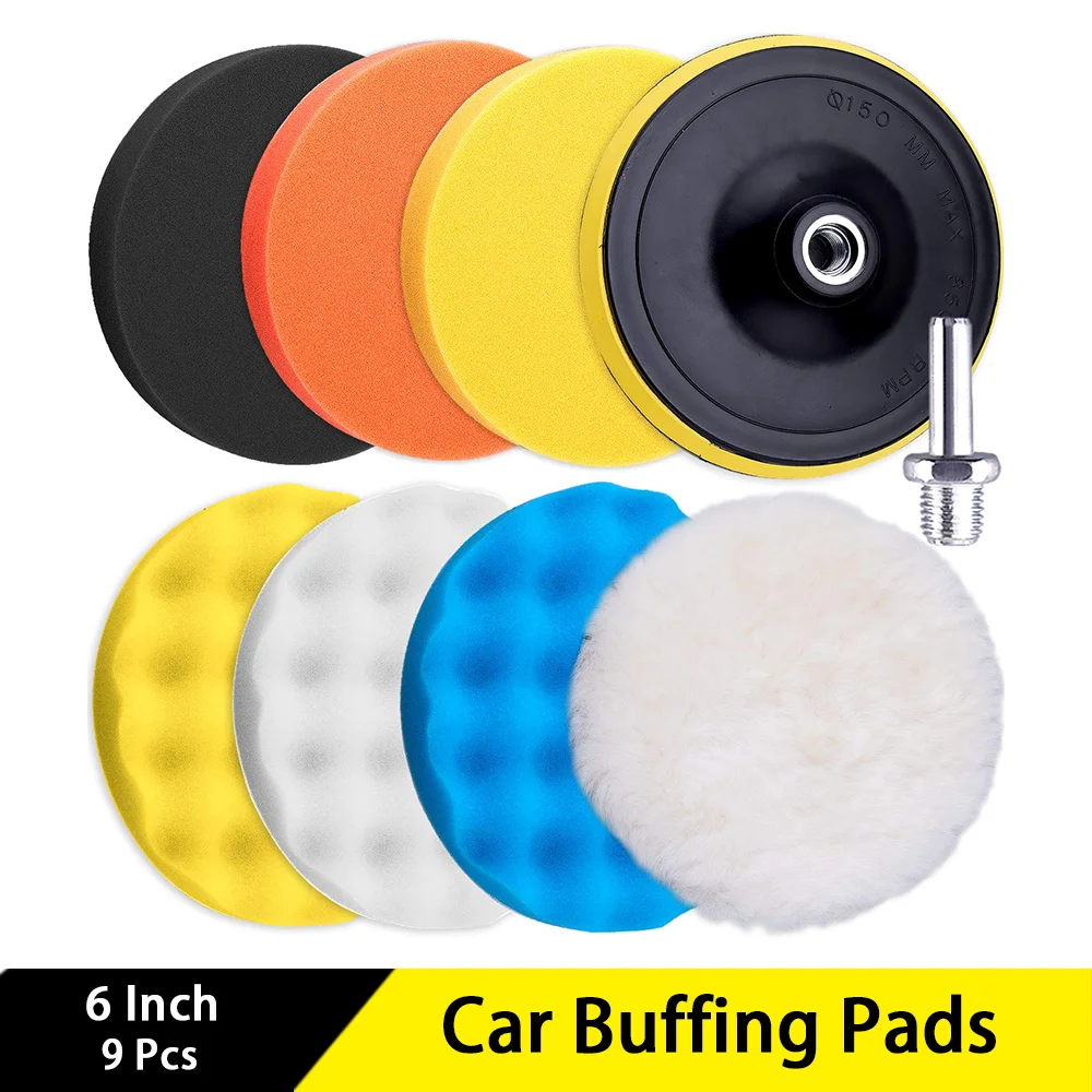6 Inch Car Buffing Pads 9 Pcs Polishing Pads Foam Polisher Pads Car Buffer Attachment for Cleaning Auto Car Detail Dirt