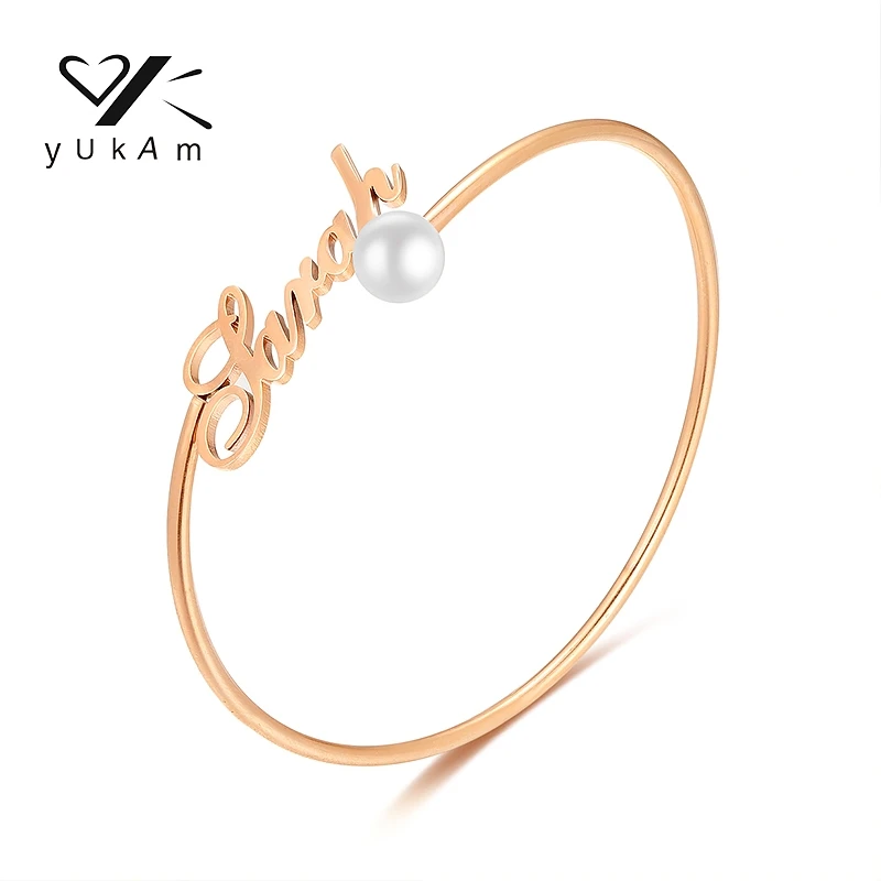 YUKAM Pearl Inlaid Bangle Bracelet Stainless Steel Woman Personalized Gift Object Customized Customizable Women Bracelets Gifts