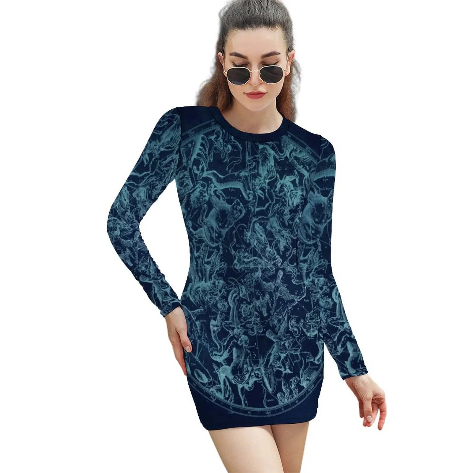 

Vintage Map Bodycon Dress Woman Constellations Astrological Signs Sexy Dresses Long Sleeve Street Fashion Graphic Dress Big Size