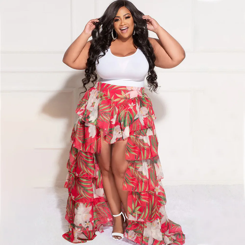 Plus Size Two Piece Set Sleeveless Top Floral Ruffle Skirt Female Luxury Party Dress Korean Style Outfit 2023 Summer Casual Sets