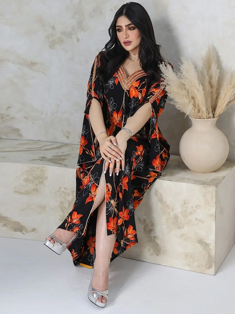 Diamonds Abaya Arabian Evening Dress for Women Floral Printed Tassel Ramadan Muslim Party Long Dress Gulf Jalabiya Dubai Abayas