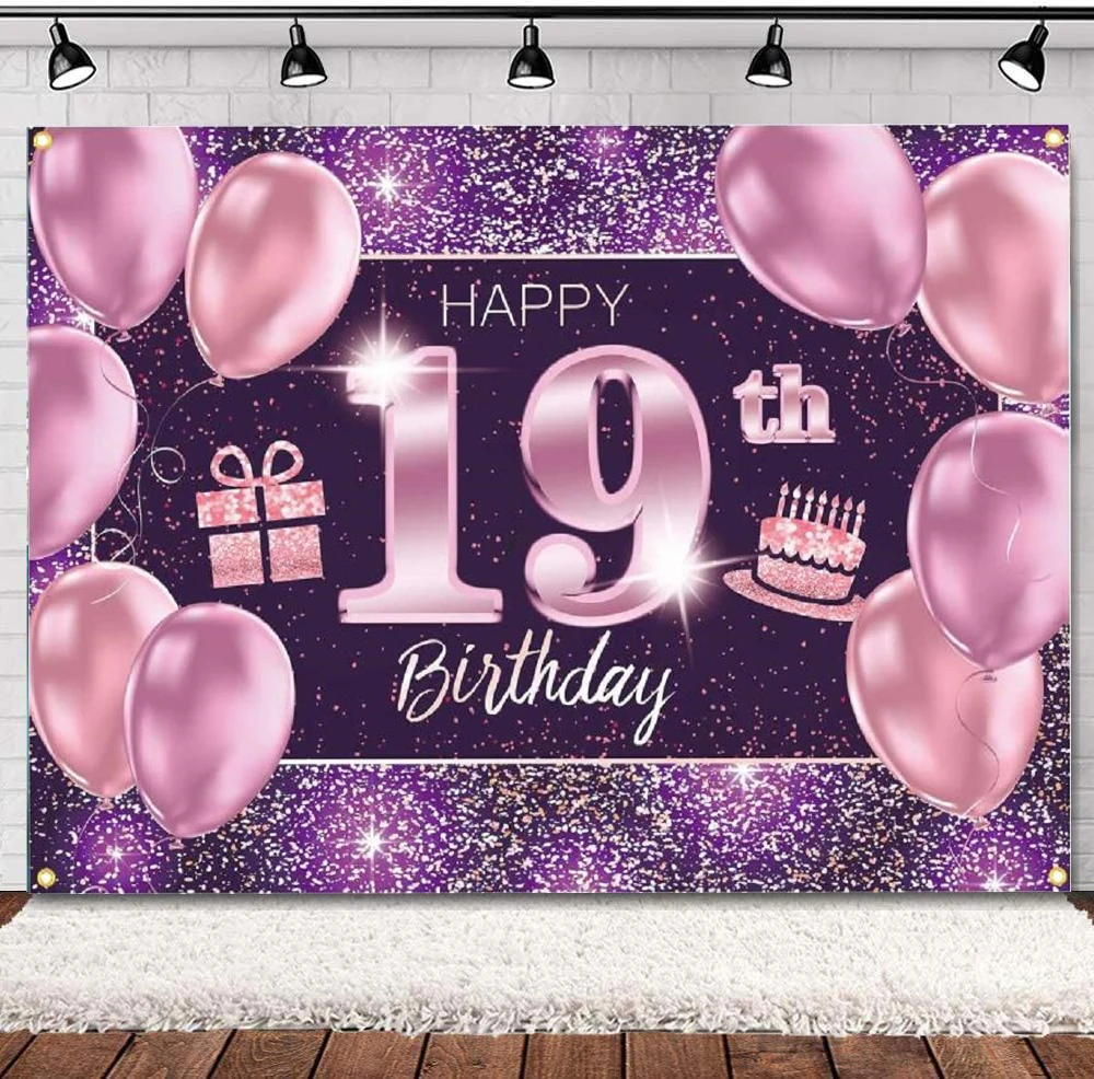 

Фон для фотосъемки с днем 19-го дня рождения, фотообои Для женщин-розовый фиолетовый золотой постер