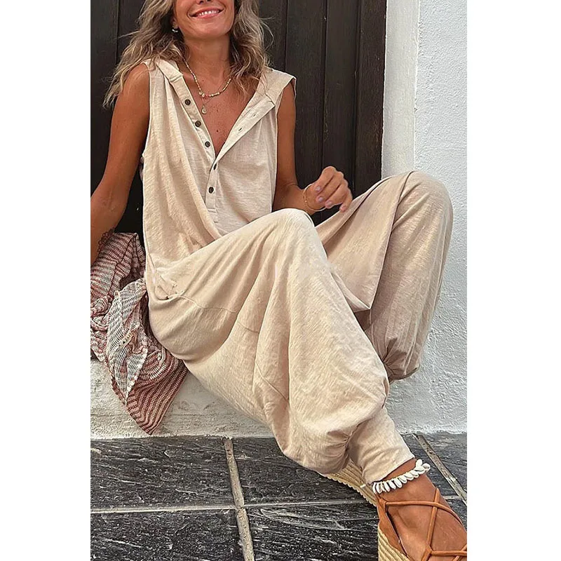 

2023 женский комбинезон на пуговицах с капюшоном без рукавов с пуговицами сплошной длинный брючный комбинезон