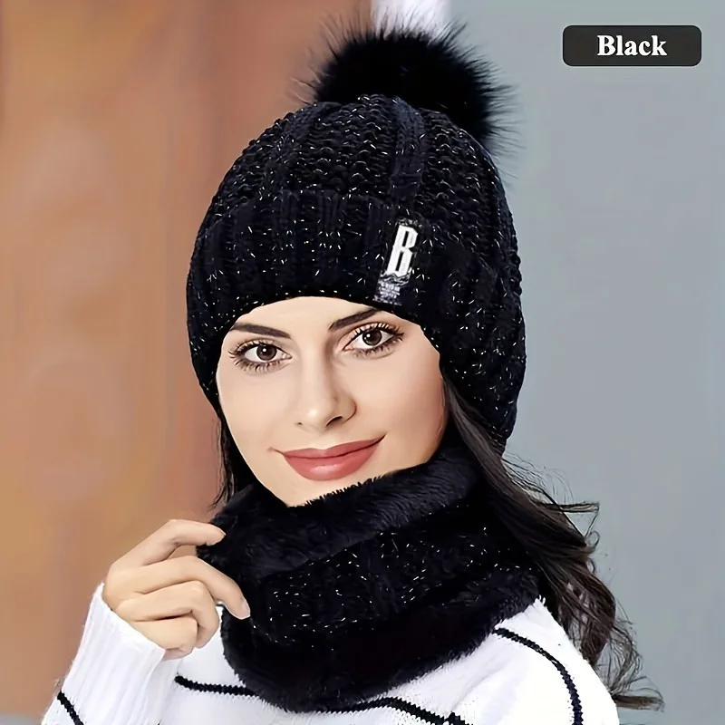 2PCS Knit Set Winter Thick Plush Windproof Cold Casual Warm Hat Scarf