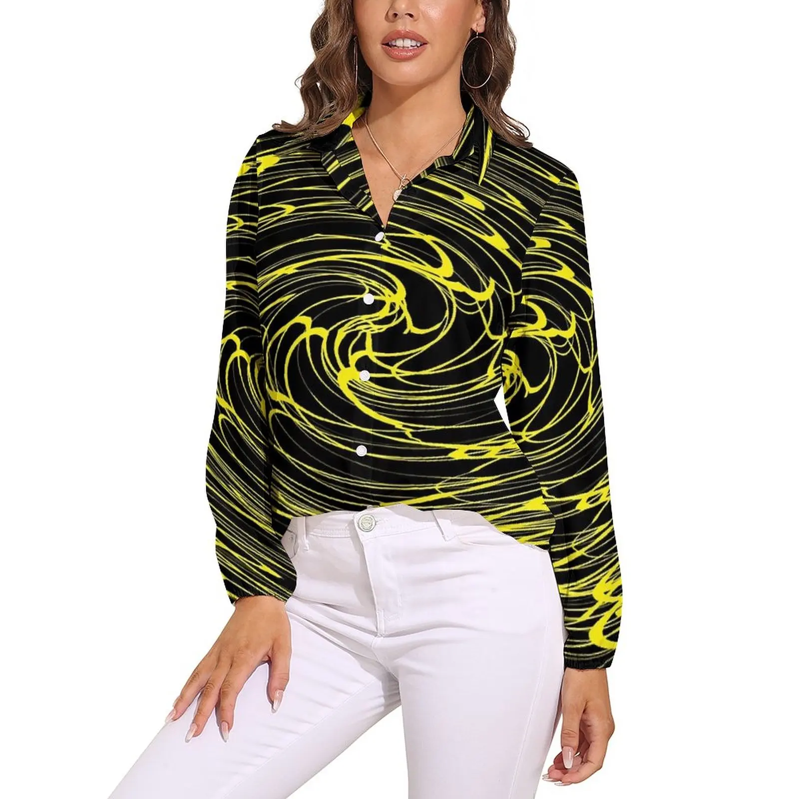 

Shallow Water Blouse Yellow Spiral Print Vintage Design Blouses Women Long Sleeve Casual Shirts Summer Oversized Clothes
