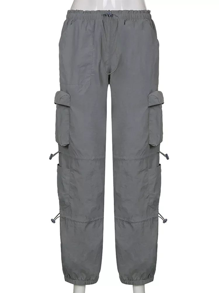 

Gray Solid Hippie Y2K Sweatpants Drawstring Low Waist Casual Baggy Joggers Women Patchwork Pockets Black Cargo Pants