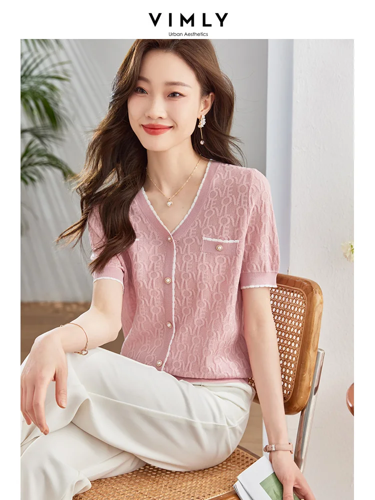 

Vimly Thin Pink Summer Cardigan Elegant Short Sleeve Knitted Sweater for Women 2023 Breathable Texture Jacquard Top Knitwear