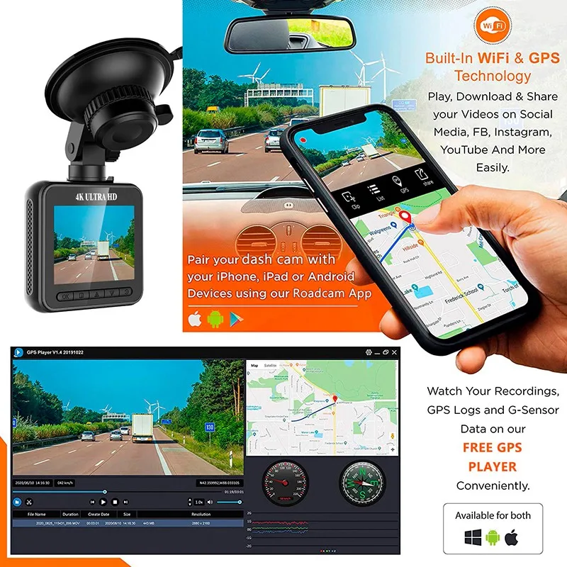 Видеорегистратор 4K Wi-Fi 2160P встроенный GPS |