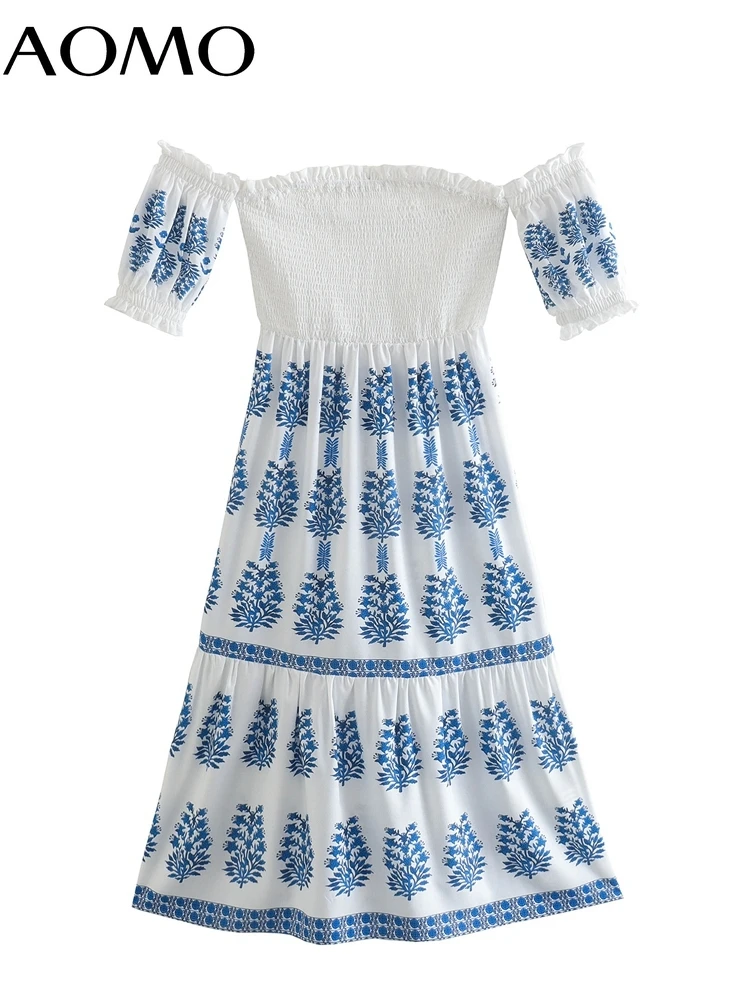 

AOMO 2022 Summer Women Blue Flowers Print Off Shoulder Dress Puff Short Sleeve Ladies Sundress 8Y69A