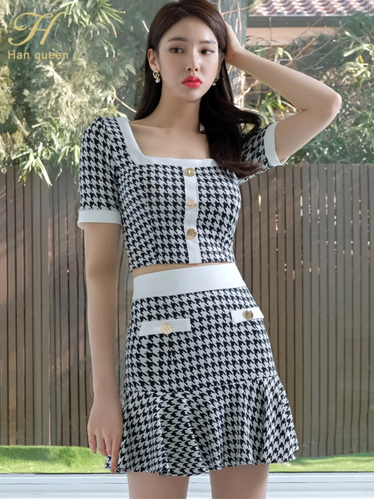 

Женские повседневные костюмы из 2 предметов H Han Queen, Короткие топы в клетку в стиле хидори и юбка-карандаш, простые корейские шикарные костюмы с юбкой, лето 2022