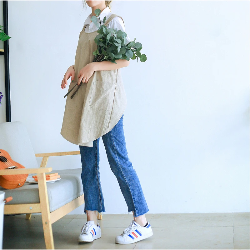 

Waterproof Women Cotton Linen Cross Back Apron Japanese Housework Kitchen Cooking Double Pocket Apron Florist Working Apron