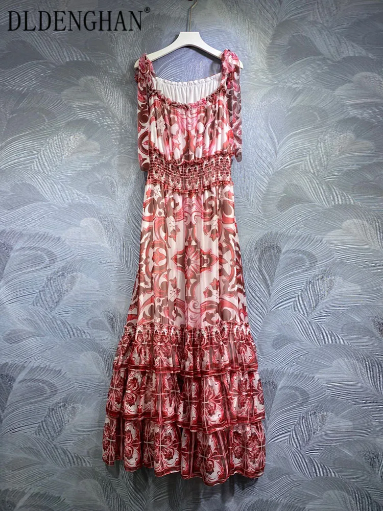 

DLDENGHAN весенне-летнее платье макси для женщин на тонких бретельках с бантом и красным цветочным принтом фарфоровое элегантное дизайнерское длинное платье Новинка