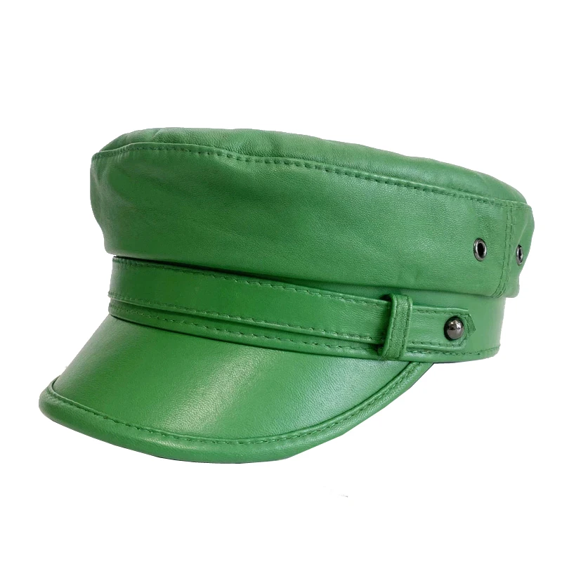 Green Hat Women Men 100% High Quality Genuine Leather Unisex  Military Caps Winter Warm Outdoor First Layer Sheepskin Beret