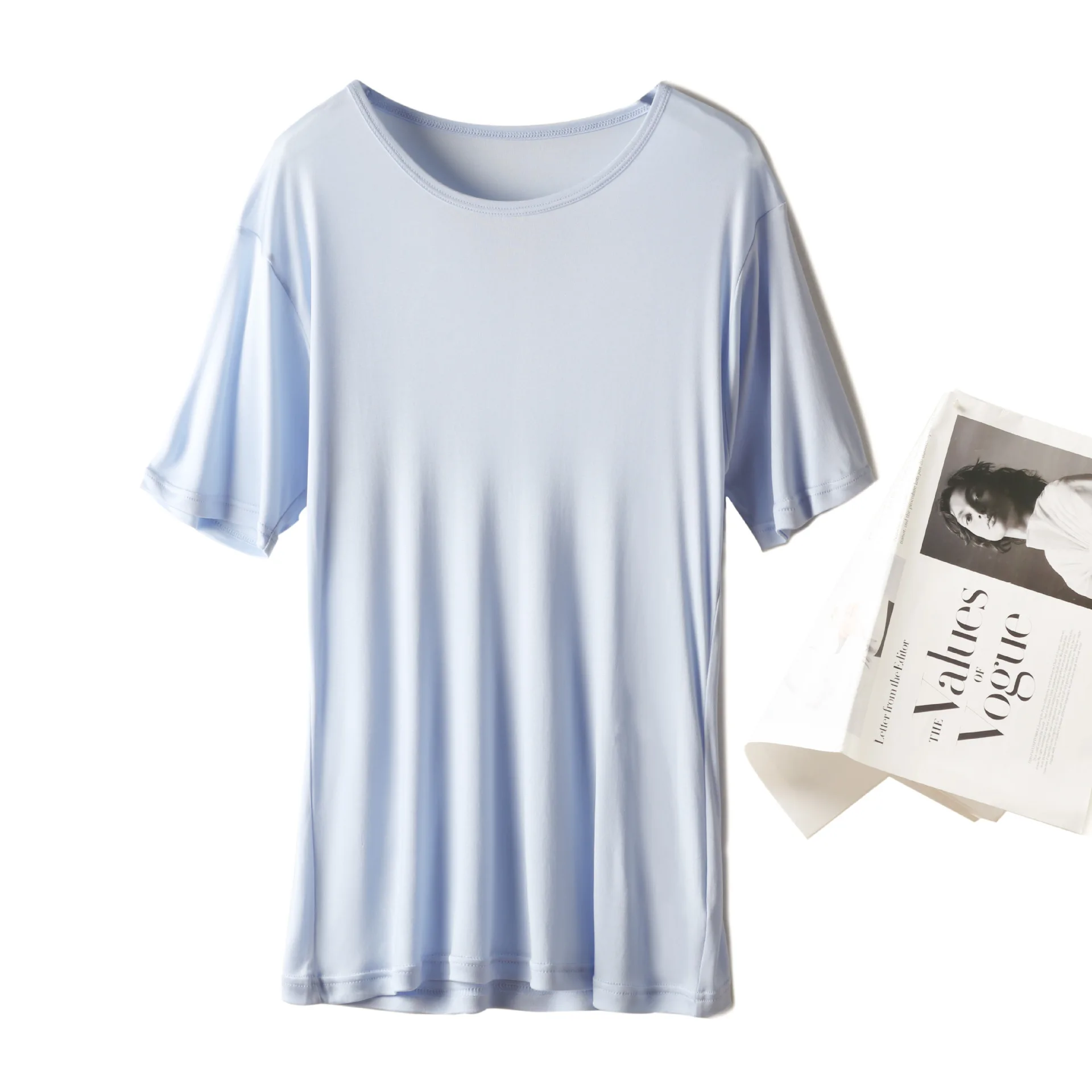 

22 New Summer Fashion Man's Clothing L-XXL Plus Size Silk T-shirt Men O-neck Daily Basic Tops Sky Blue White