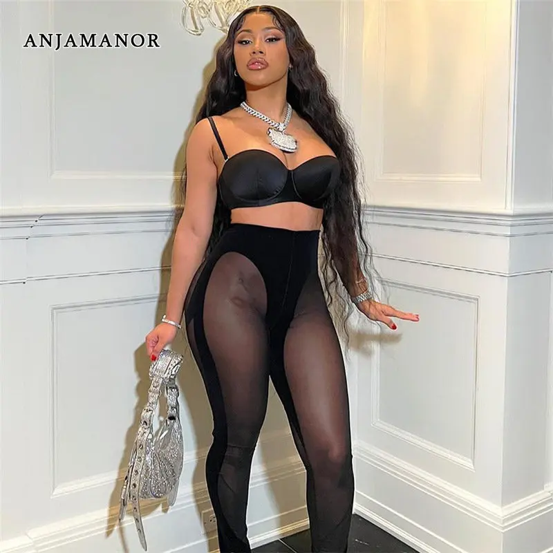

ANJAMANOR Sexy See Through Flocking Mesh Black Leggings High Waist Hot Pants Women Winter Tights Clubwear Bottoms D87-CC18