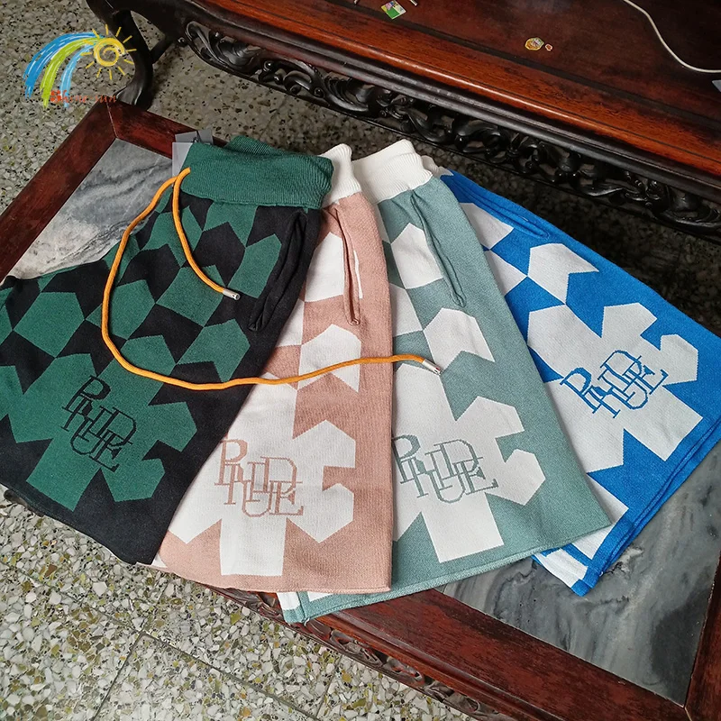 

Коричневые, синие, зеленые шахматные узоры, полные жаккардовые вязаные шорты ревеня для мужчин и женщин, высококачественные Бриджи на завязках