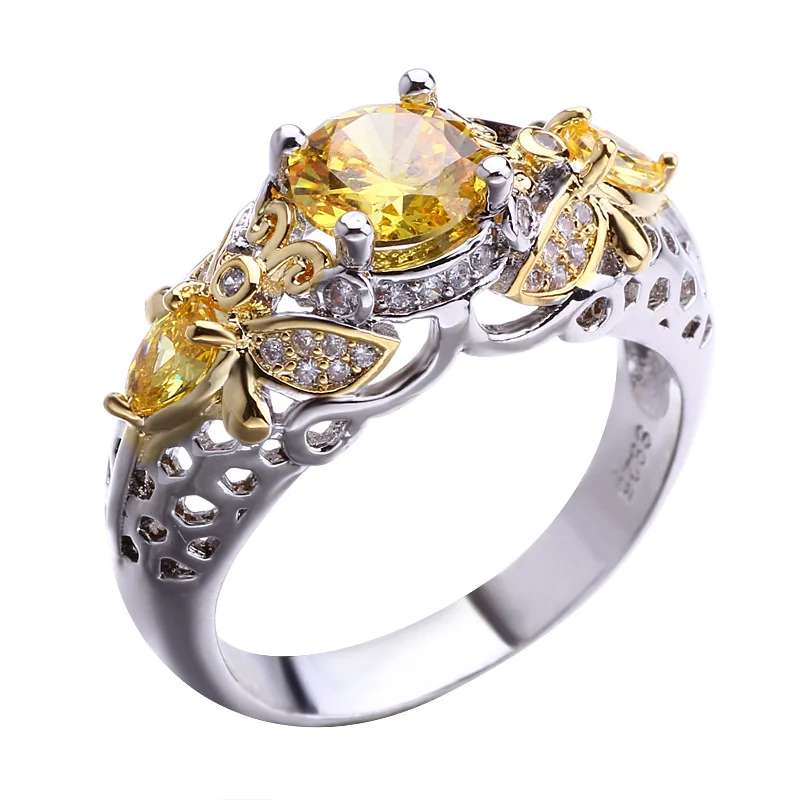 

Qualities Luxury Silver Colors Flower Rings for Women Trendy Metal Inlaid Yellow Stone Wedding Engagement Jewelry