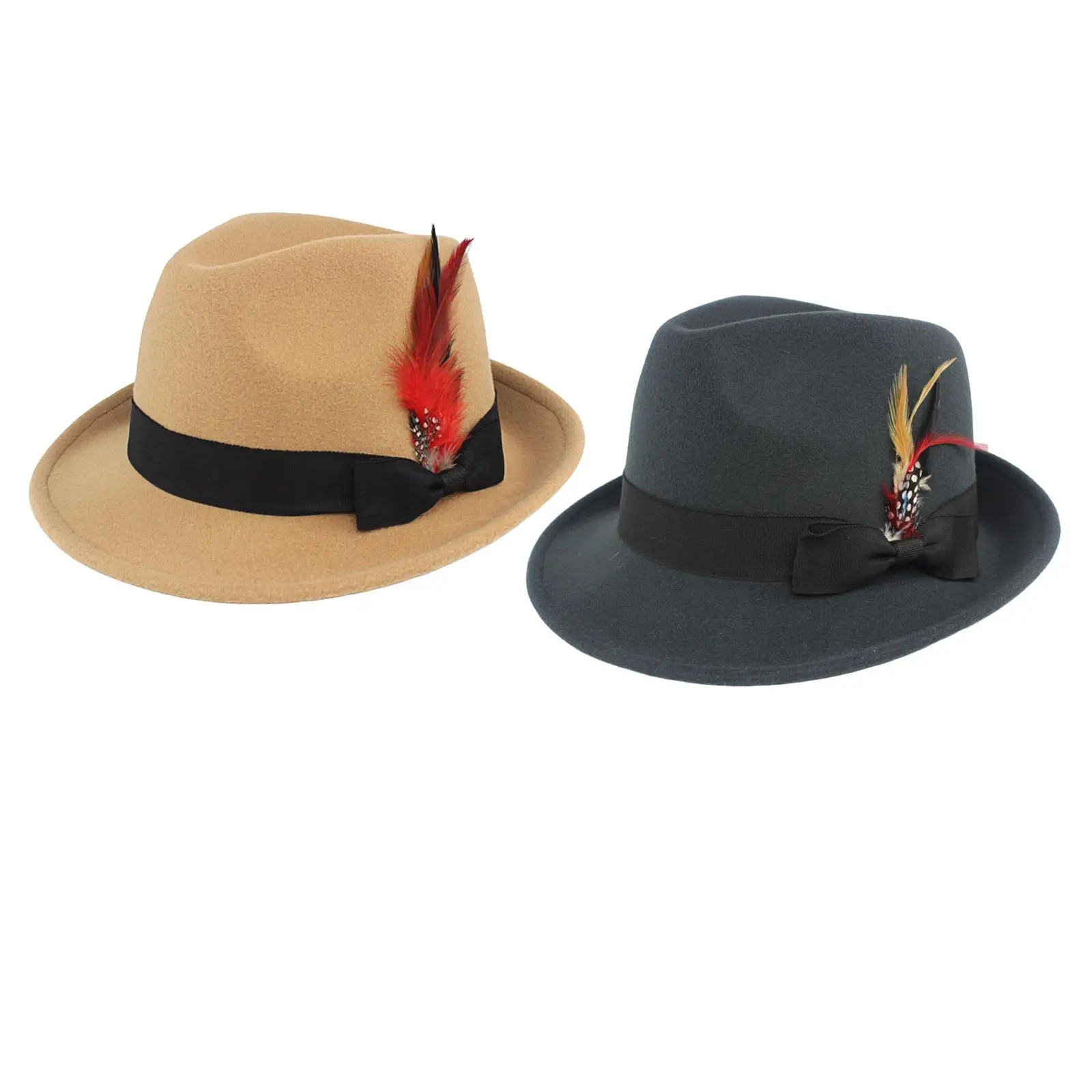

Panama Jazz Top Hat Short Brim Feather Decorated Felt Fedora Hats for Men and Women Party Sun Protection Horseback Riding Decor