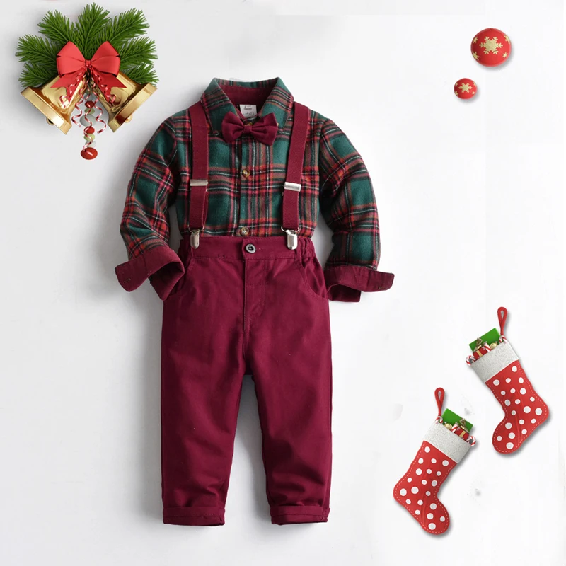 

3 Colors 1-6Y Gentleman Kid Boys 3pcs Clothes Sets For Christmas Day Plaid Printed Shirts With Bow Tie+Suspender Pants