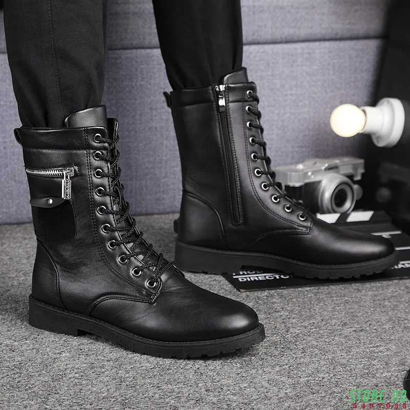 

Brand Army Boots Men Chain Military Mens Boots Skull Metal Buckle Lace Up Male Motorcycle Punk Boots Men's Shoes Rock 2019