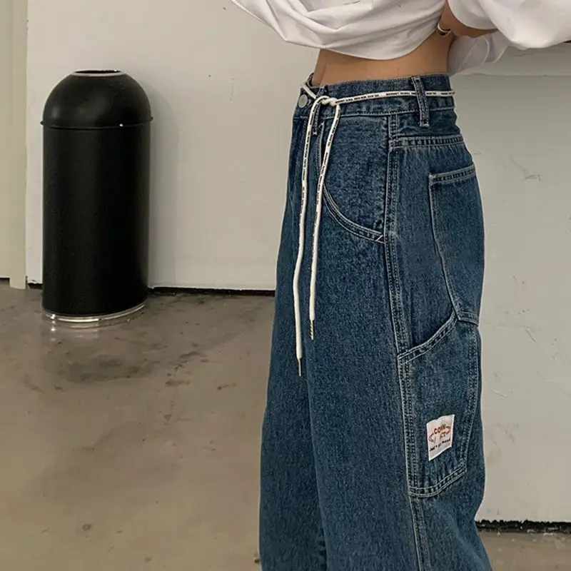 Women's Large Size High Waist Jeans Harajuku Wind Loose Straight Work Pants Splicing Wide Leg Dragging Pants Female