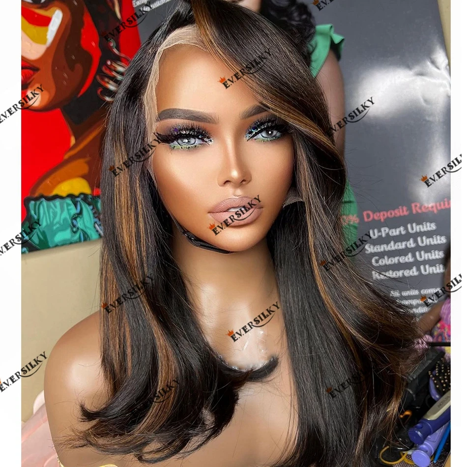 Human Hair Highlight Auburn Side Part Shoulder Length Lob Hairstyle Lace Front Wig for Black Women Natural Hairline Remy Indian