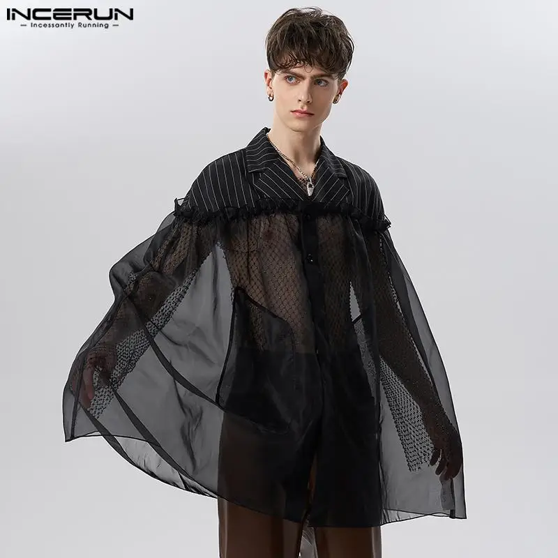 

INCERUN Men Shirt Cloak Mesh Striped Patchwork Loose Button Lapel Ruffle Party Ponchos Streetwear Fashion Male Cape Shirts S-5XL