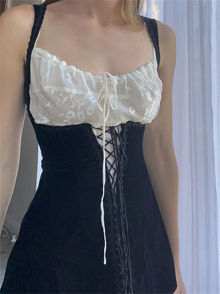 

Street Style Retro Ins Net Red Vest Waist Dress Fashion Thin Lace Up Suspender Dress 2022 Autumn Winter Women's Wear Harajuku