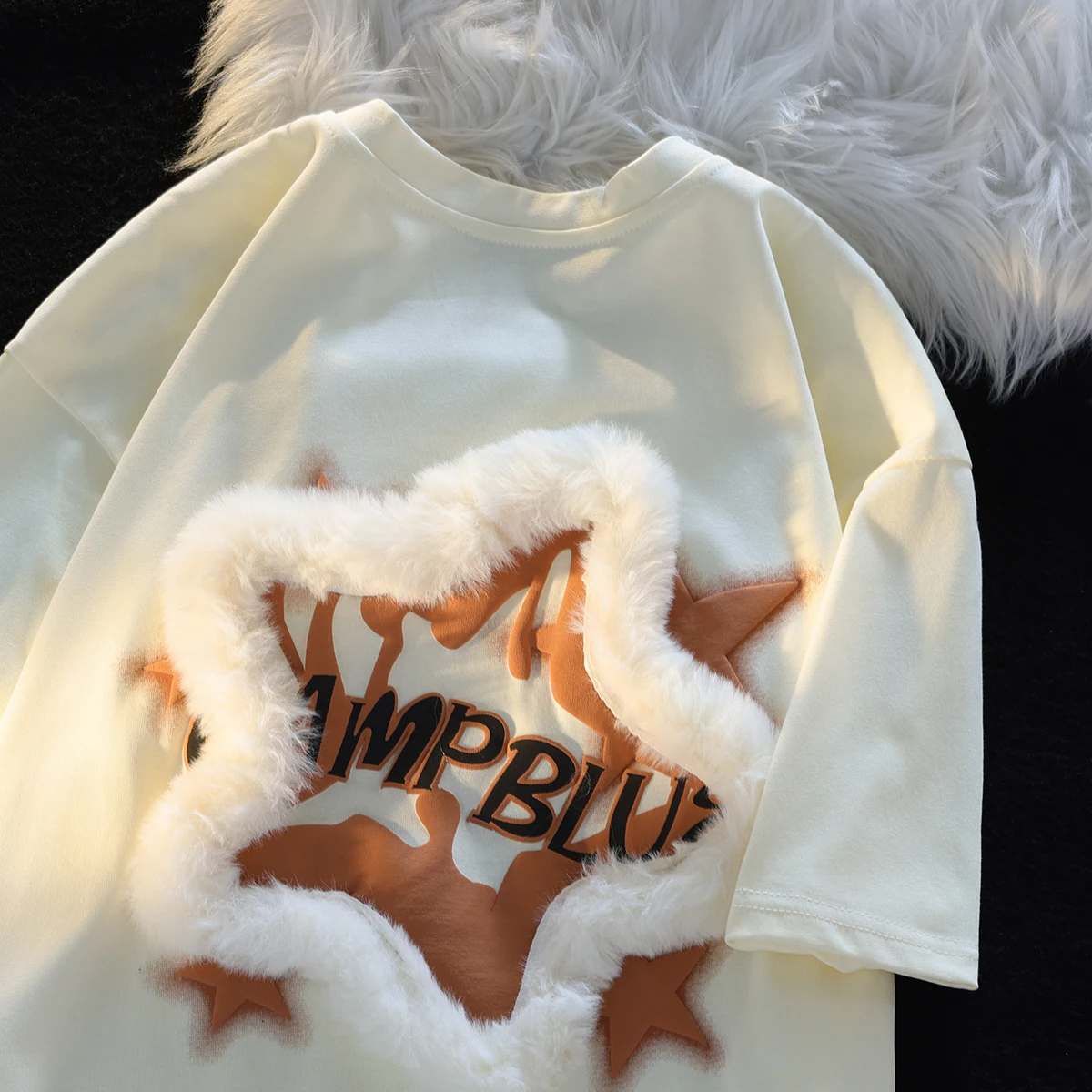 

Vintage Plush Pentagram Embroidered Short-sleeved T-shirt Women's New Summer Loose Preppy Versatile Top Ins Tees
