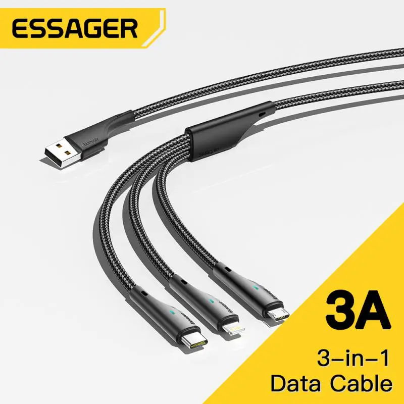 

Data Line Essager Multi-function 3a 3 In 1 Data Transfer For Android Iphone Type-c Mobile Phone Phone Charging Line Data Cable