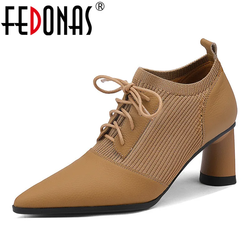 

FEDONAS Four Season Women Pumps Office Ladies Dress Mature High Heels Pointed Toe Genuine Leather Lace-Up Splicing Shoes Woman