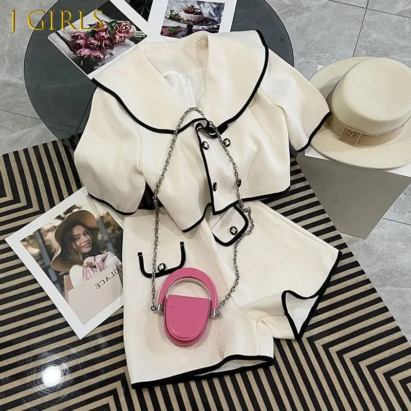 

Модный Элегантный комплект из двух предметов для девочек, повседневный двубортный короткий топ с отложным воротником и шорты с высокой тал...