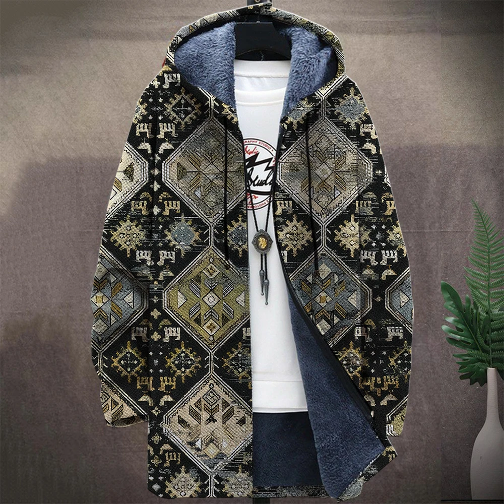 Men'S Native Retro Aztec Block Graphic Winter Coat Print Pattern Knitted Sweater Cardigan Zipper Hooded Thick Fleece For Youth