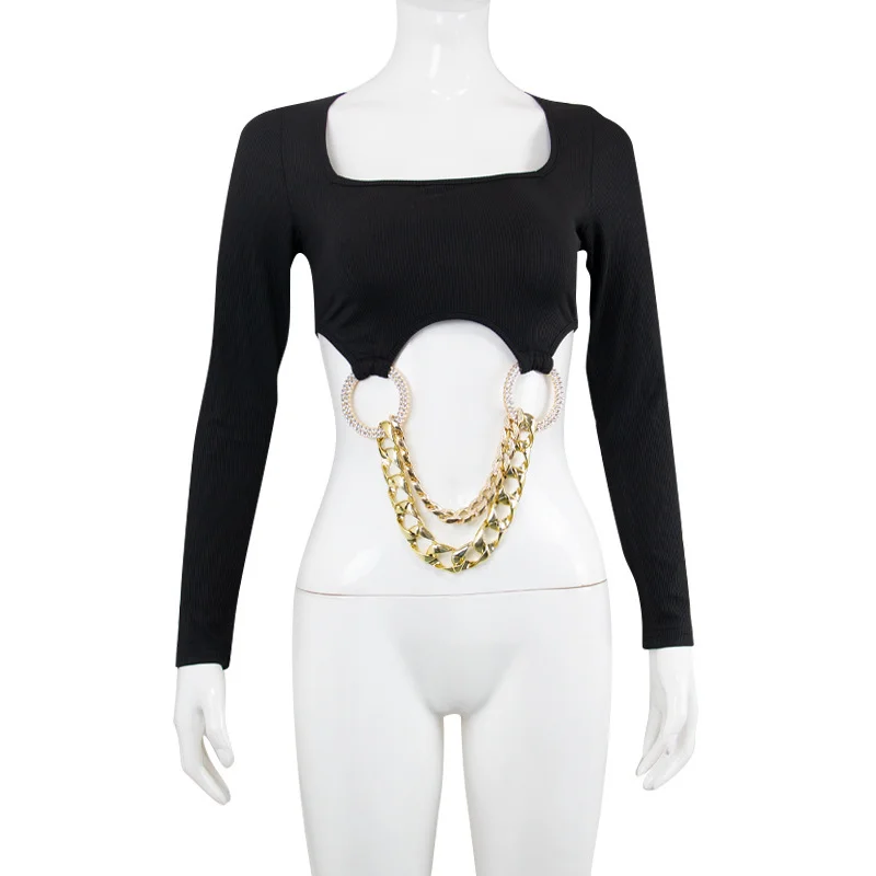 

2021 Fall Cropped Top Ladies Sexy Suspenders Long-sleeved Tight-fitting Chain-style Slim Casual Cool Streetwear Short T-shirt