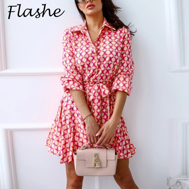 

Платье-рубашка женское с длинным рукавом, Элегантное повседневное короткое вечернее мини-платье Вечерние шнуровке, с отложным воротником, ...