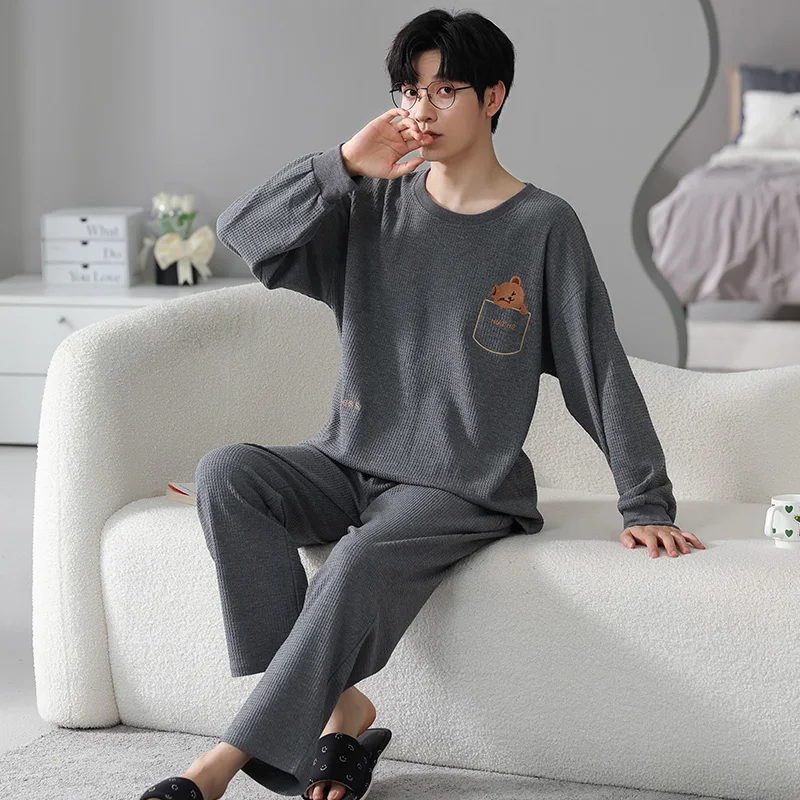 QUHENG Autumn Winter Men‘s Cotton Pajamas Set Long Sleeved Nightwear Home Wear Suits Simple Fashion Sleepwear Men Home Clothing