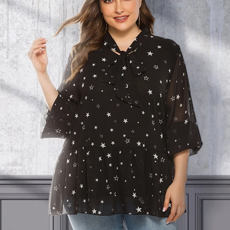 Женская шифоновая блузка-туника с длинным рукавом и бантом |