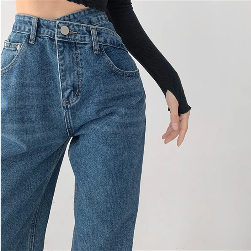 2022 New High Waist Women'S Jeans Loose Wide Leg Pants Mom Boyfriend Denim Capris Straight Trousers Streetwear 90S Baggy Jeans